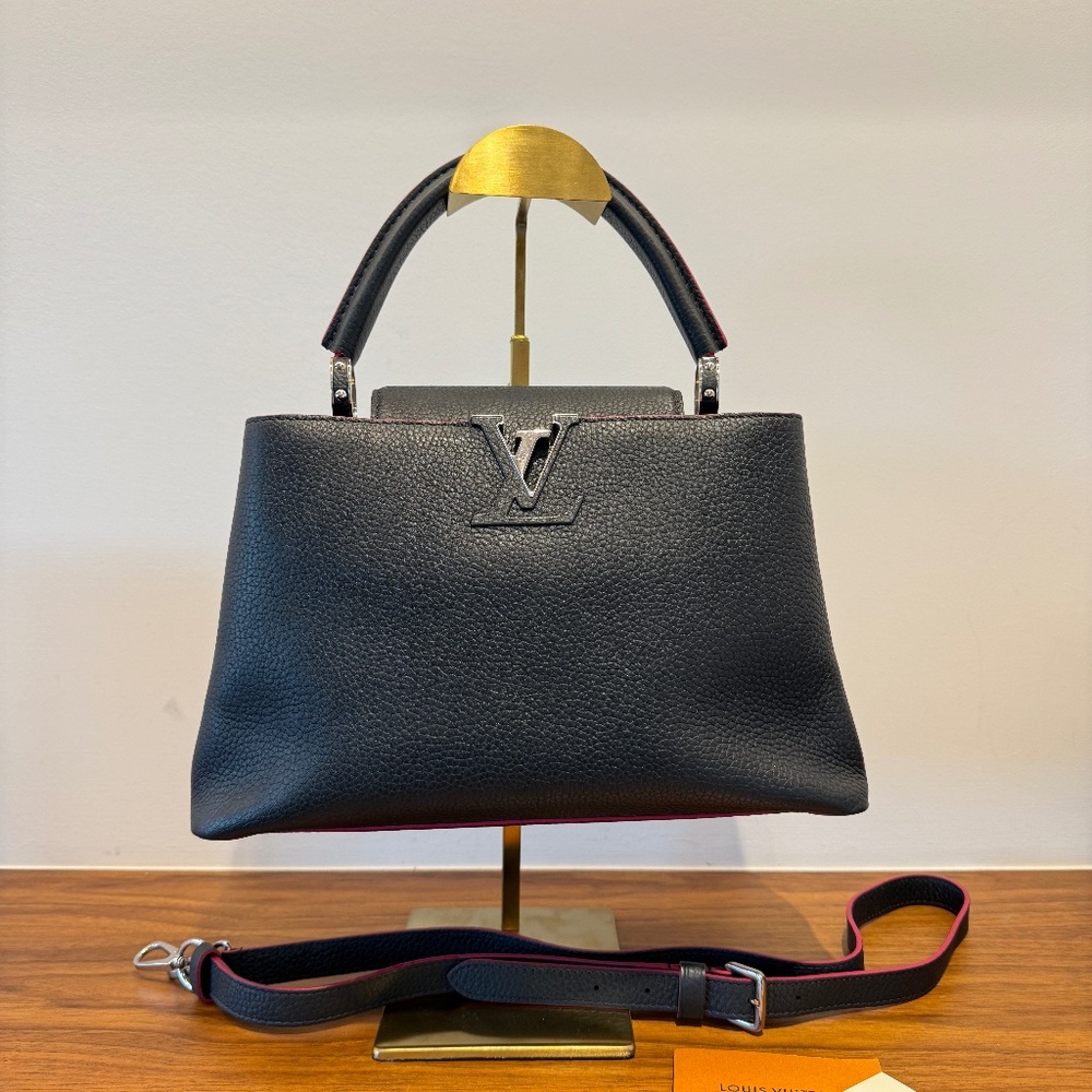 Louis Vuitton Taurillon Capucines PM in Dark Navy & Pink